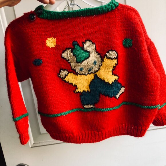 🧸[KID 2-3T]Vintage Hand Knit Baby Sweater Toddler Teddy Bear Christmas Boxy Fit - Picture 3 of 4